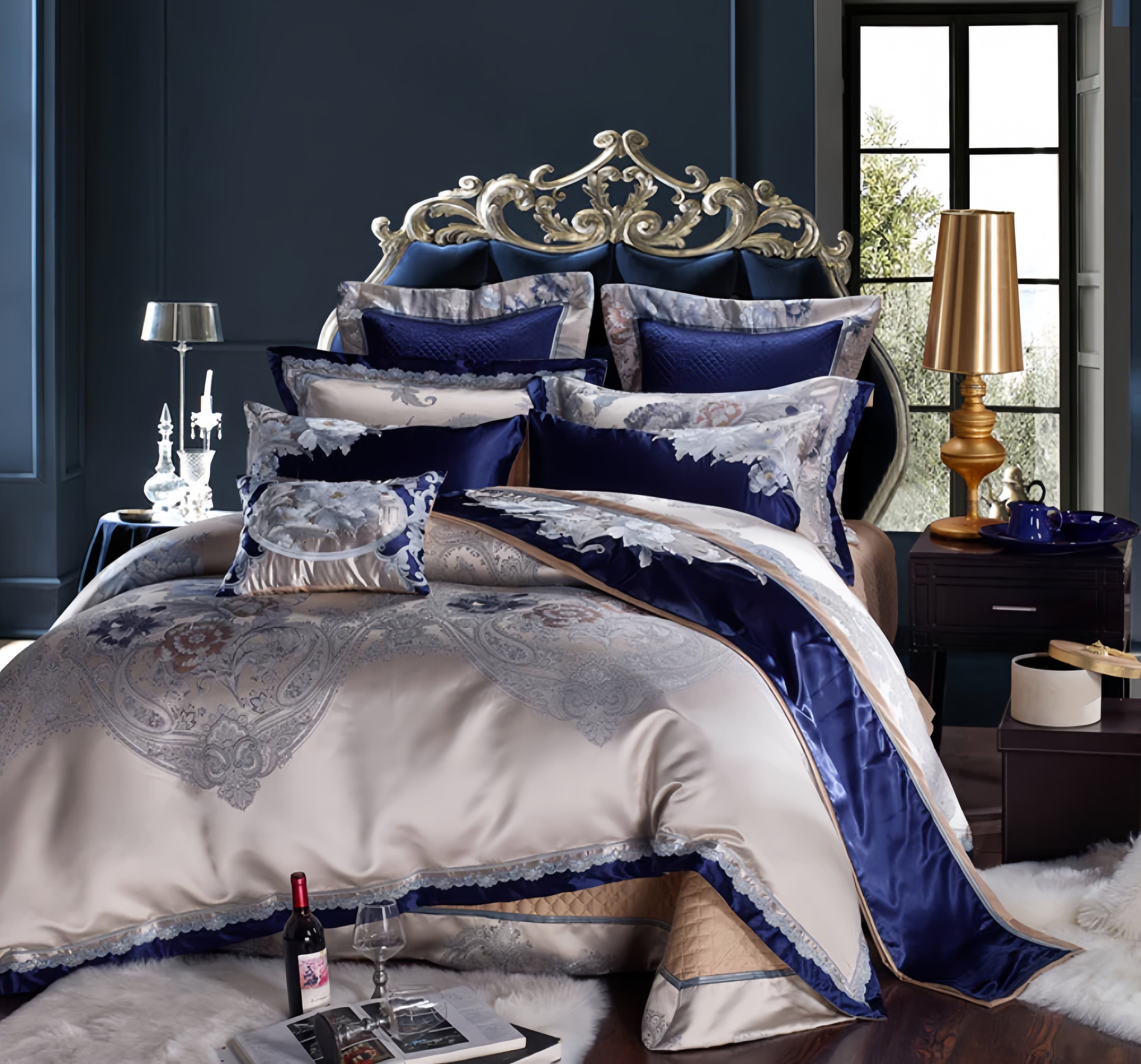 Designer duvet cover set with artistic embroidery in Egyptian cotton or silk-cotton blend – LINKORI embroidered gallery collection