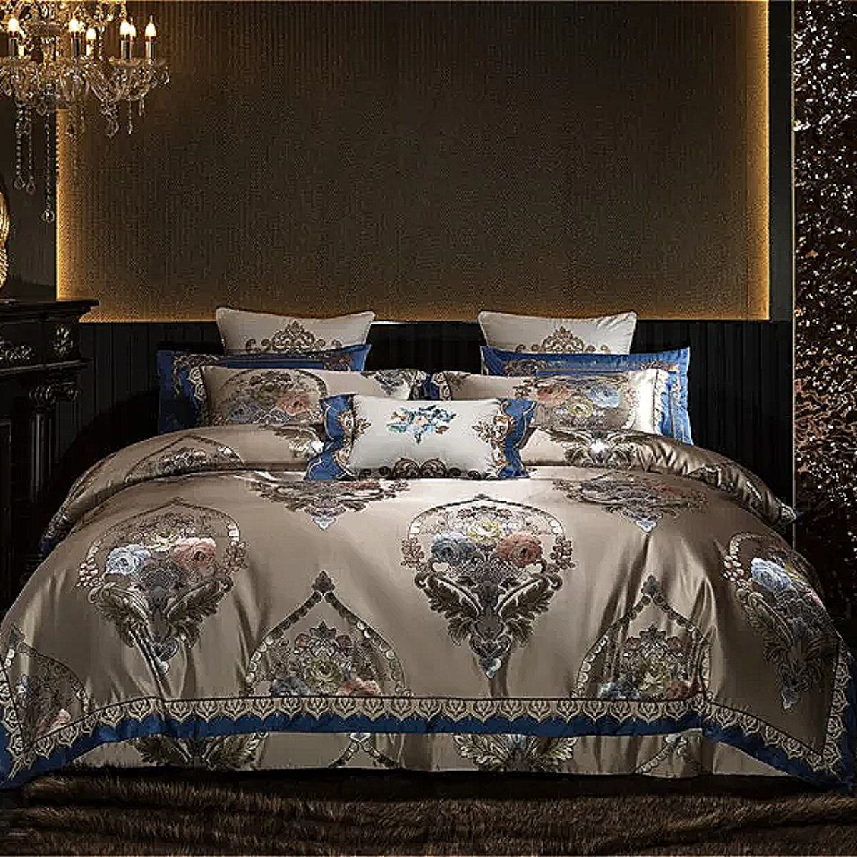 Royal baroque gold medallion satin duvet cover Egyptian cotton quilted bedspread luxury set