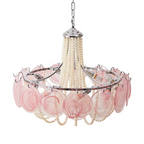 Pink Murano-style glass disc chandelier over modern kitchen dining room — pearl-beaded statement pendant for dining table & kitchen island lighting, chrome finish | LINKORI PALACE kitchen view