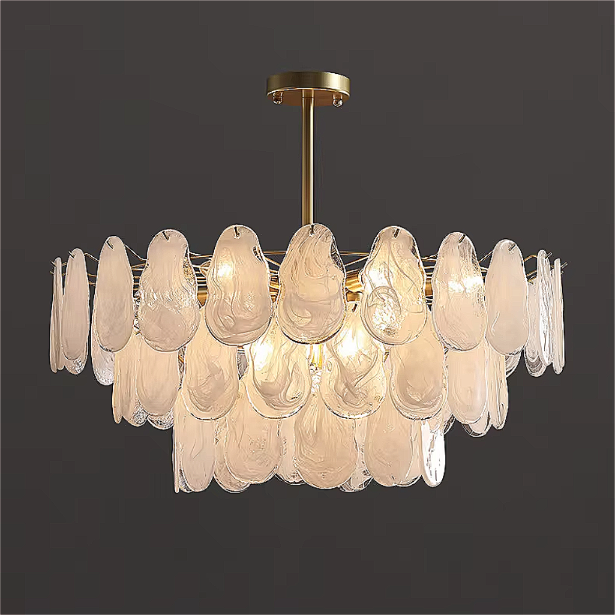 Luxury statement chandelier with hand-blown opaline glass petals and gold iron frame - modern dining room lighting fixture for elegant interiors