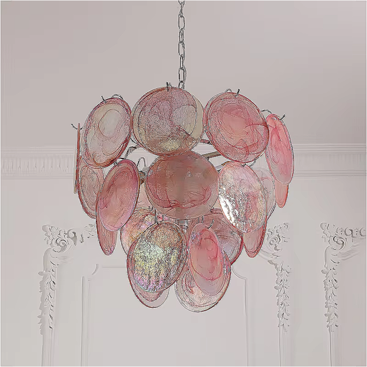 Pink Murano Disc Chandelier Against White Wall – Artistic Crystal Pendant Light for Chic Interiors | LINKORI REODIOL