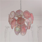 Pink Murano Disc Chandelier Against White Wall – Artistic Crystal Pendant Light for Chic Interiors | LINKORI REODIOL