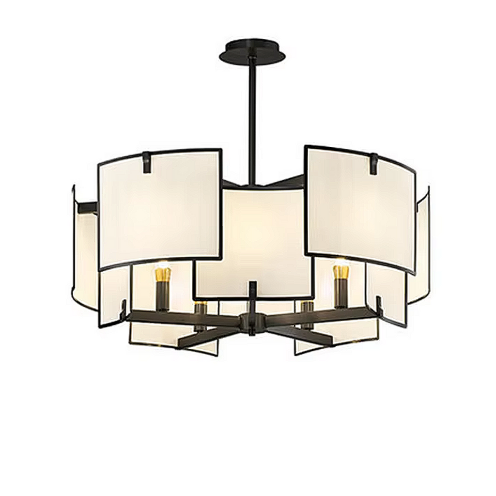 Japandi-style chandelier with black frame and curved white layered fabric shades – soft architectural pendant light | LINKORI HERAZOKU