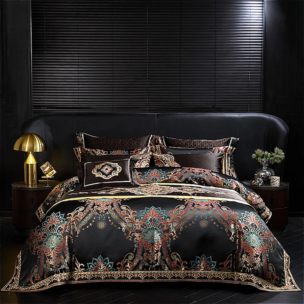 Black paisley bedding with mandala-inspired medallion design, eclectic bedroom decor