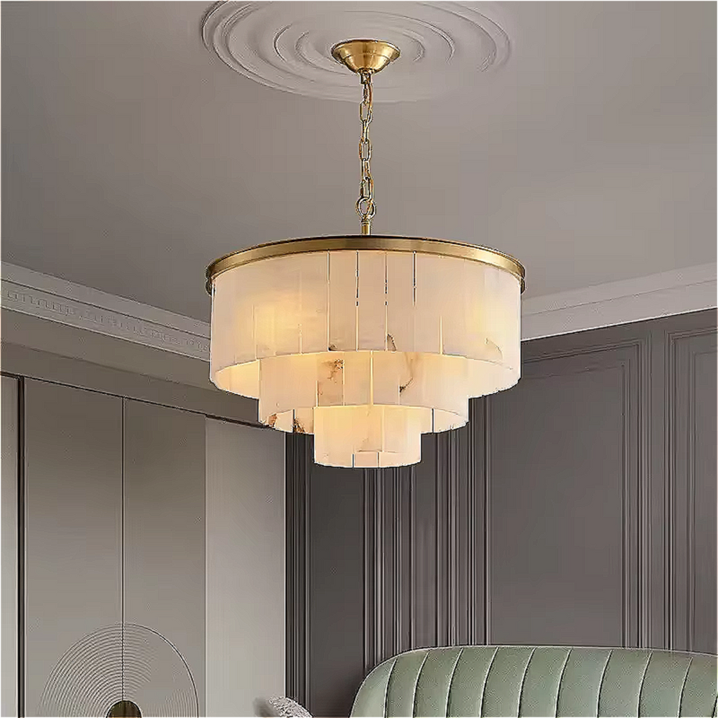3-tier round marble chandelier with gold frame hanging in a modern grey living room | LINKORI TRUPIKA