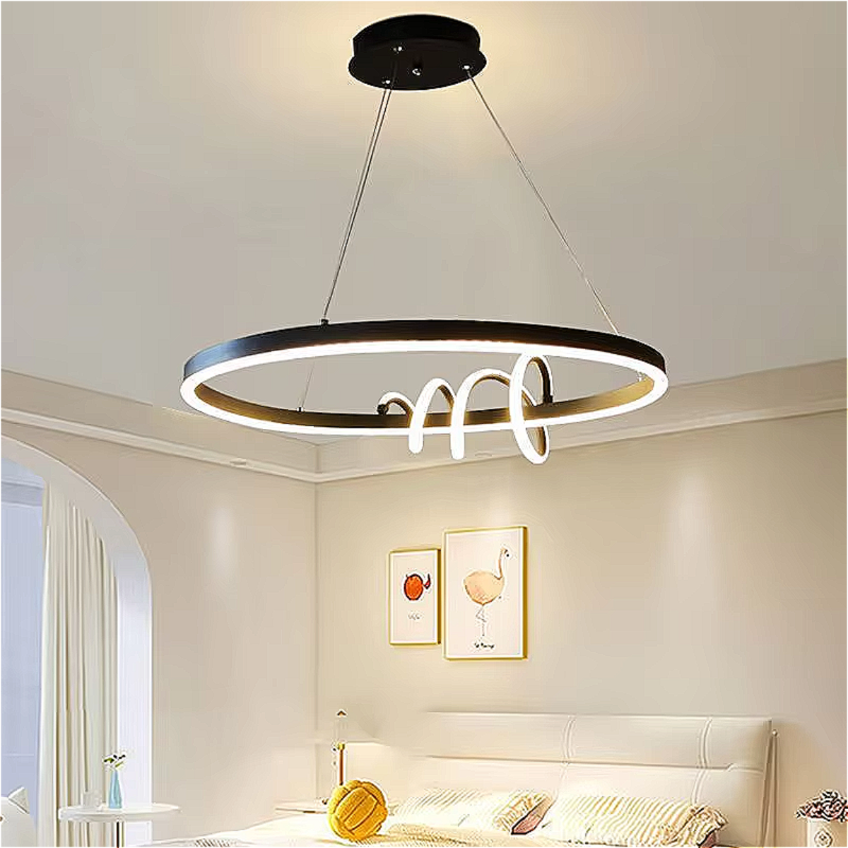 Sculptural Black chandelier in modern bedroom – modern pendant lighting for contemporary interiors.