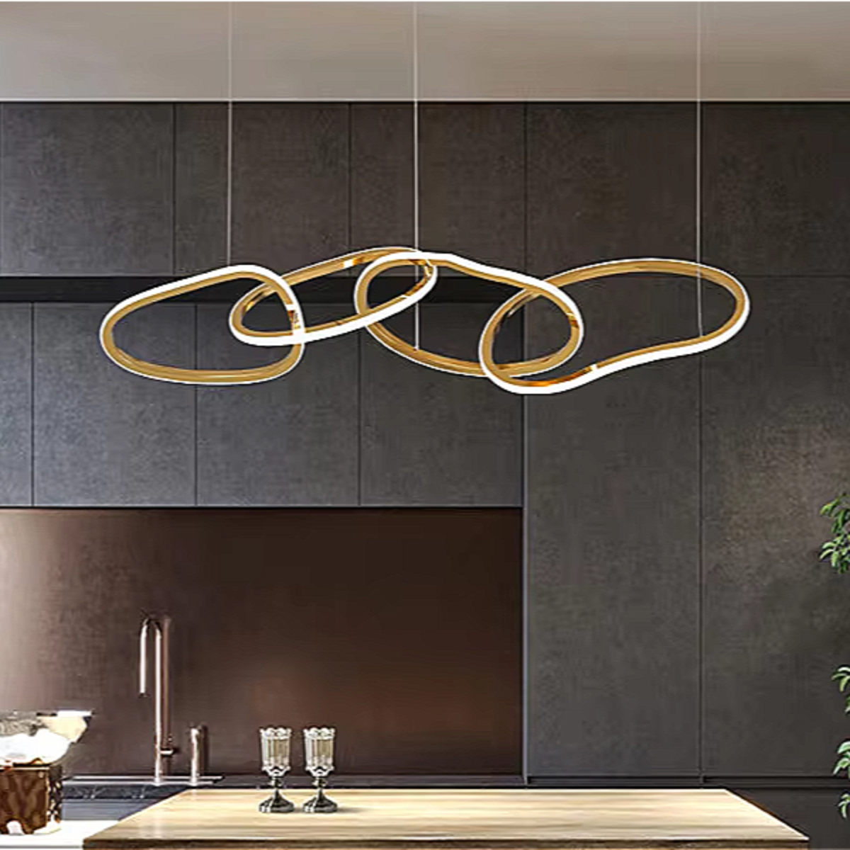 Gold LED Chandelier – Modern 4-Ring Statement Chandelier for Contemporary Dining Room and Kitchen Island