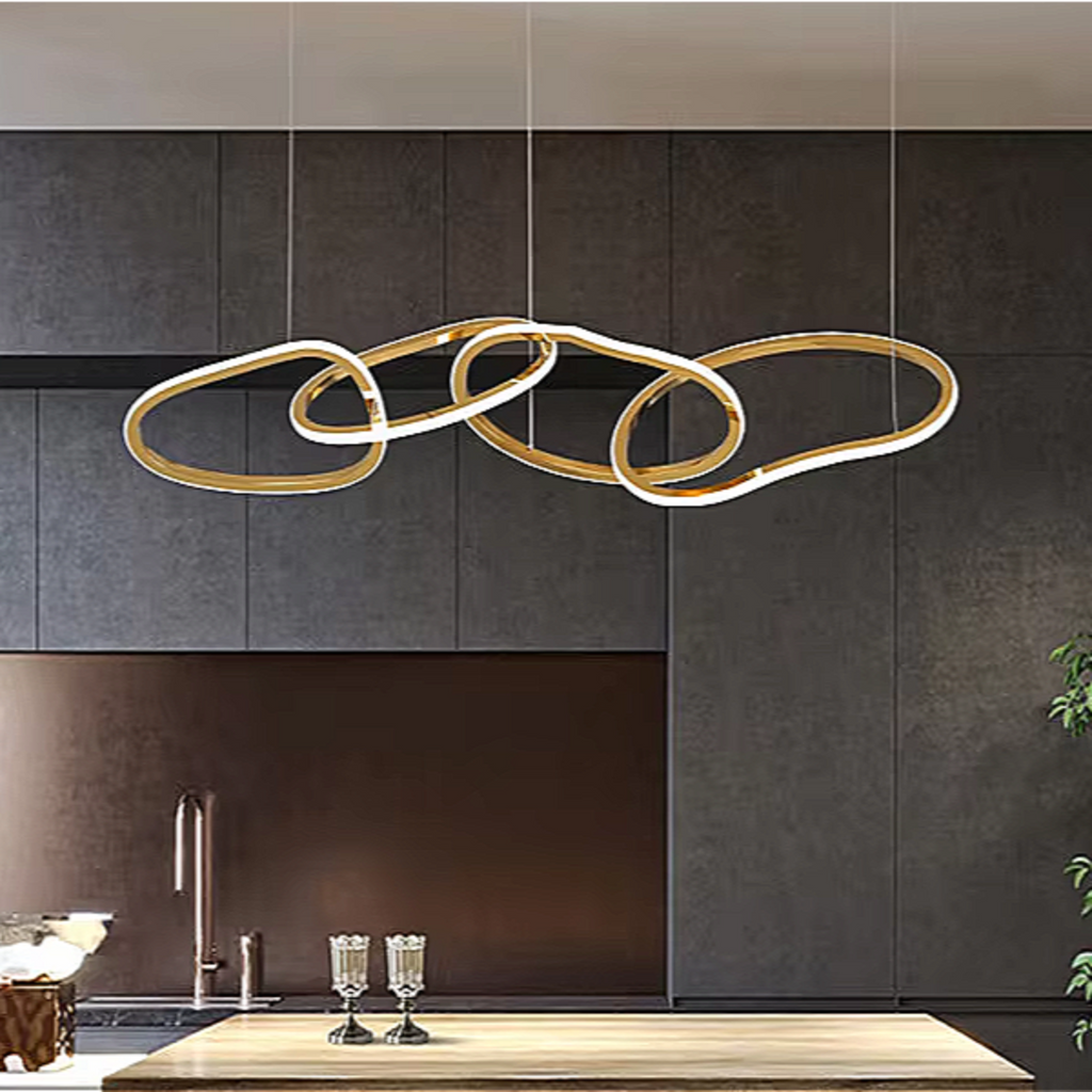 Gold LED Chandelier – Modern 4-Ring Statement Chandelier for Contemporary Dining Room and Kitchen Island