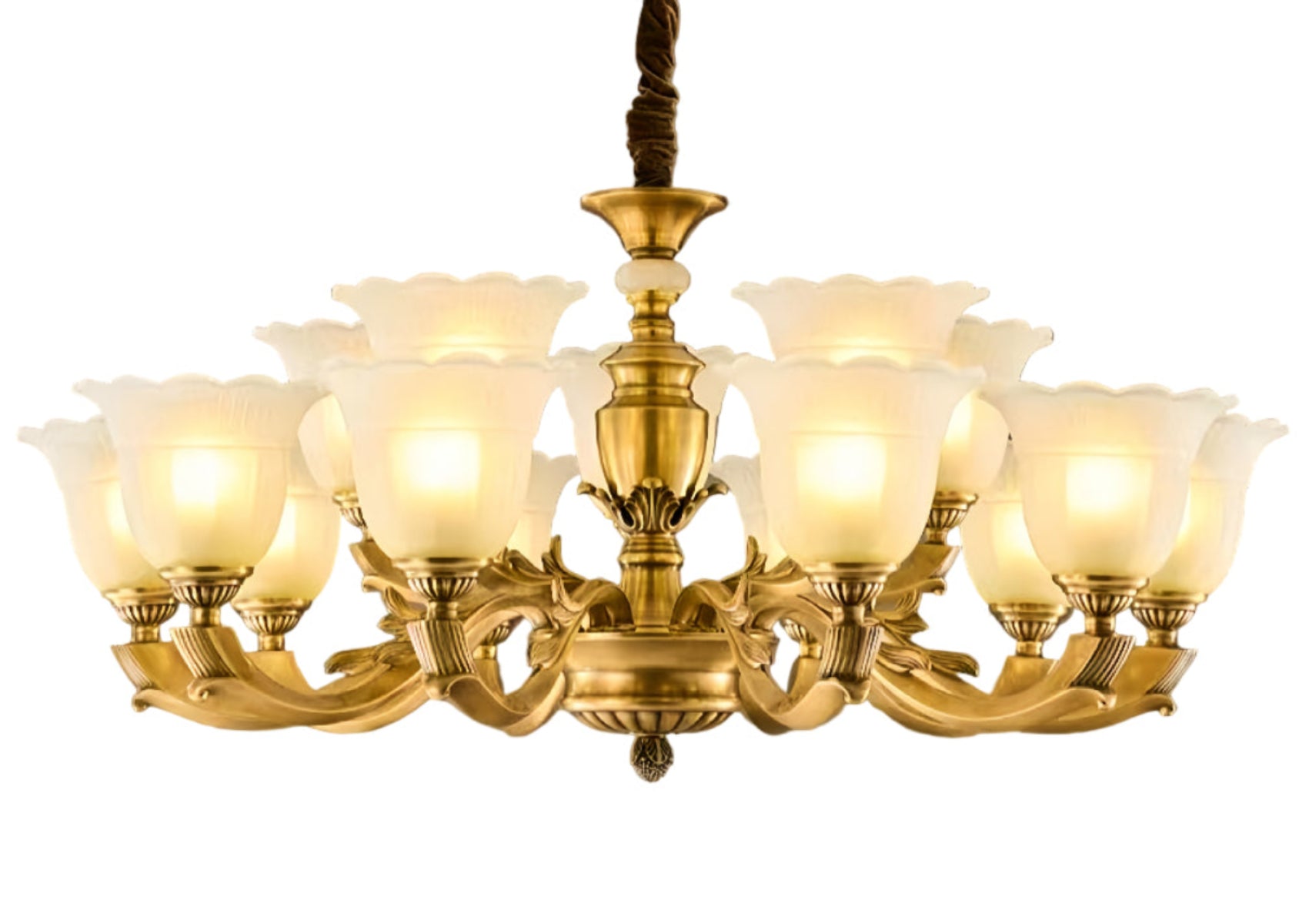 15-head antique gold chandelier with tulip shades, statement light for luxury dining halls