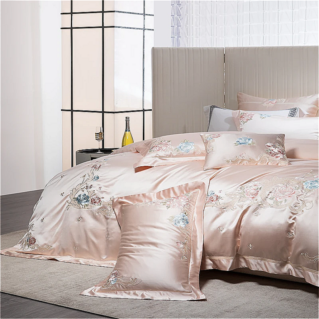 Designer pink satin cotton bedding - luxury embroidered botanical duvet set 4/8 piece collection