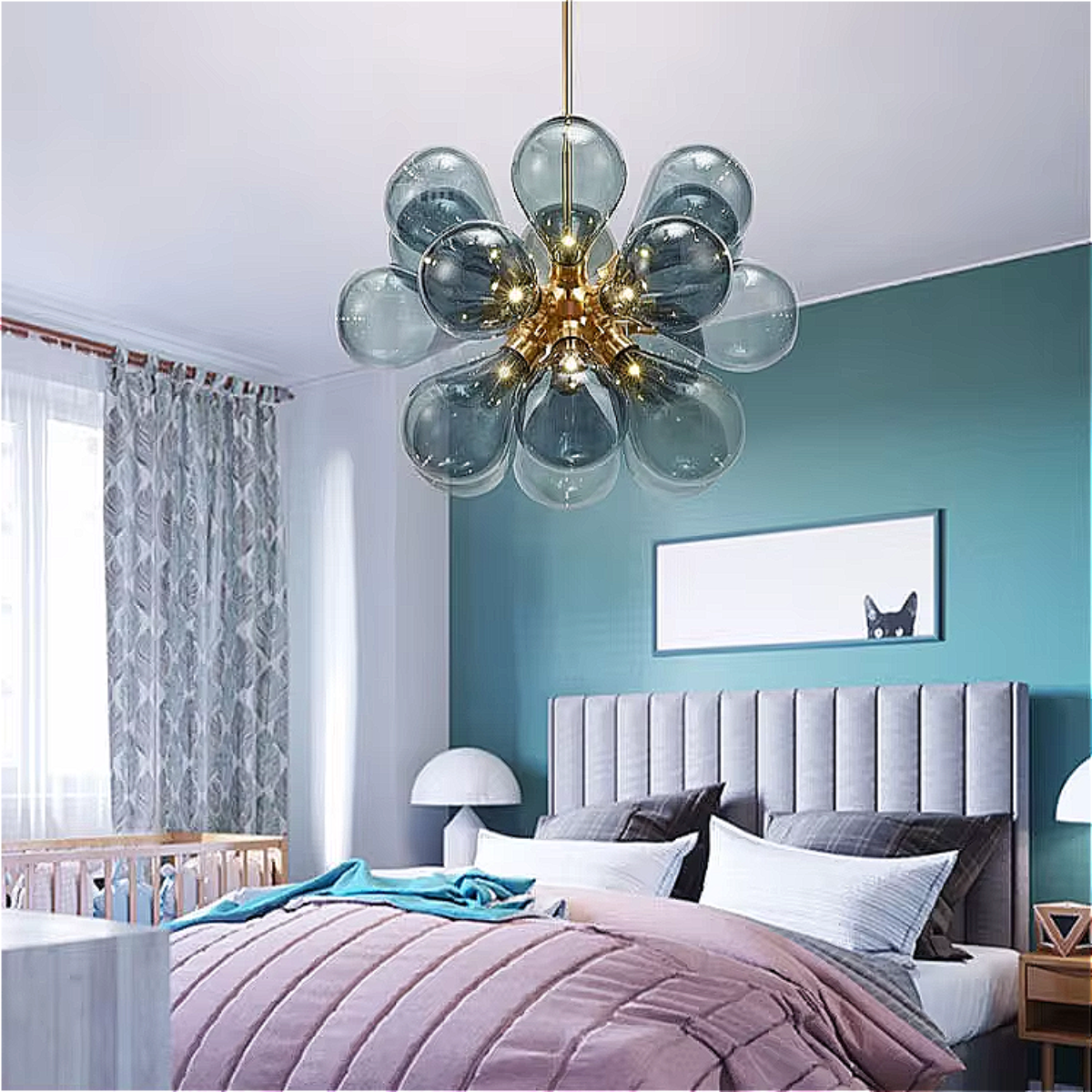 Blue bubble glass chandelier by LINKORI FLOBUB hanging in cozy modern bedroom with warm ambient lighting