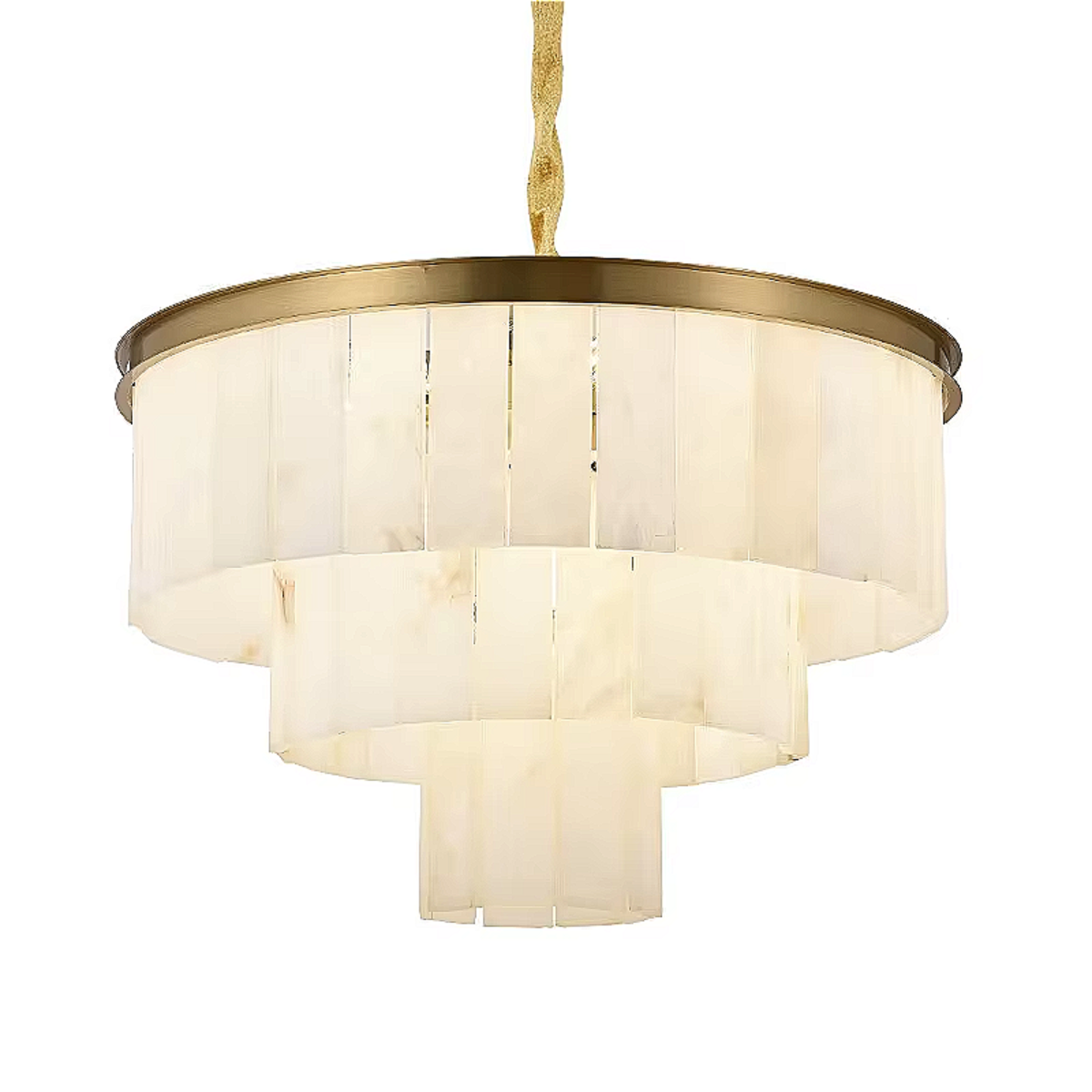 Elegant 3-tier marble chandelier with golden copper crown against a white ceiling background | LINKORI TRUPIKA