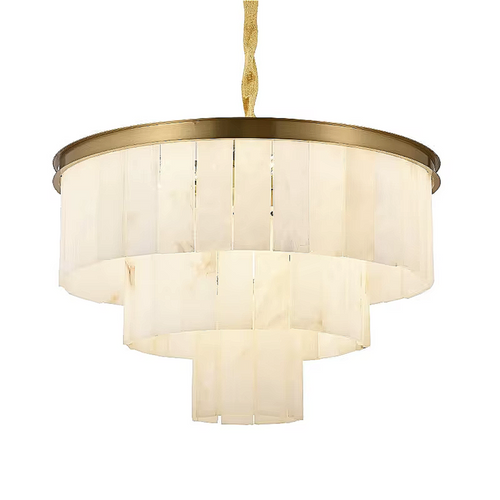 Elegant 3-tier marble chandelier with golden copper crown against a white ceiling background | LINKORI TRUPIKA