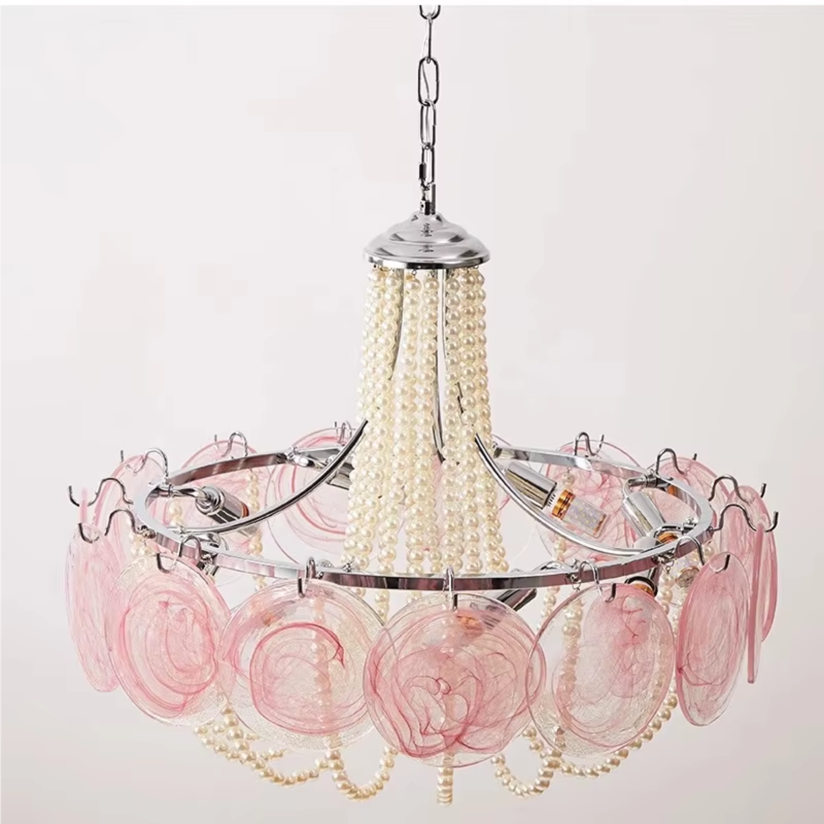 Pink Murano-style glass disc chandelier with pearl-beaded drapes — Art Deco / Hollywood Regency statement pendant, chrome chain & canopy, dimmable warm glow | LINKORI PALACE full view