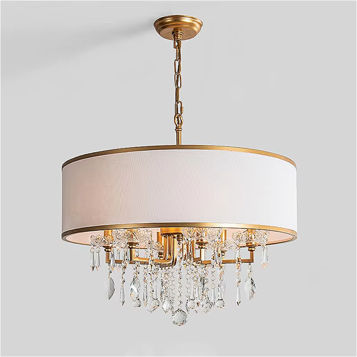 Gold crystal drum chandelier with modern shade, stylish pendant lighting for bedroom, dining room, and entryway LINKORI SELLOQ