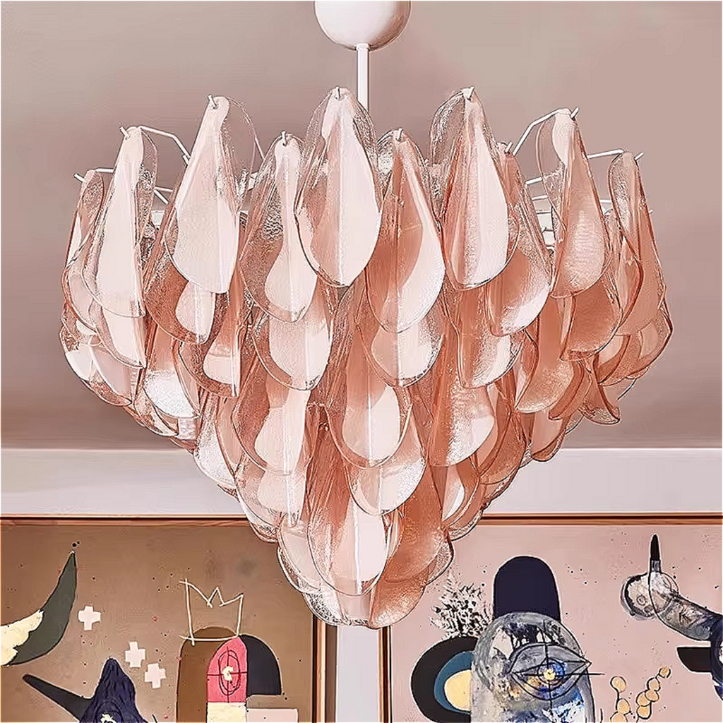 Hand-blown pink Murano glass detail — showcasing luxury craftsmanship and artistic texture in this sculptural chandelier for upscale interiors.