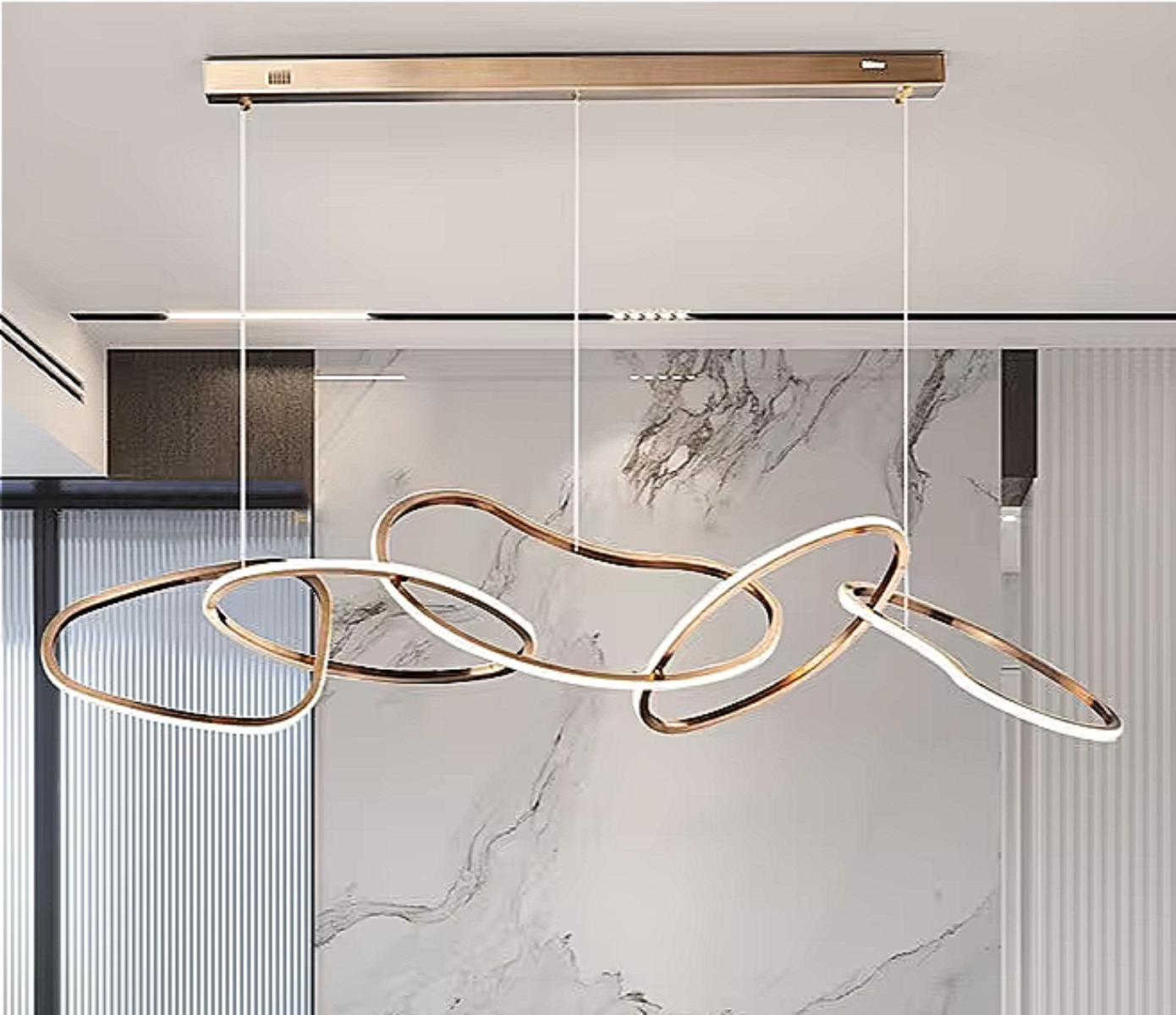 Modern Gold LED Chandelier – 5-Ring Statement Chandelier for Contemporary Dining Room and Kitchen Island