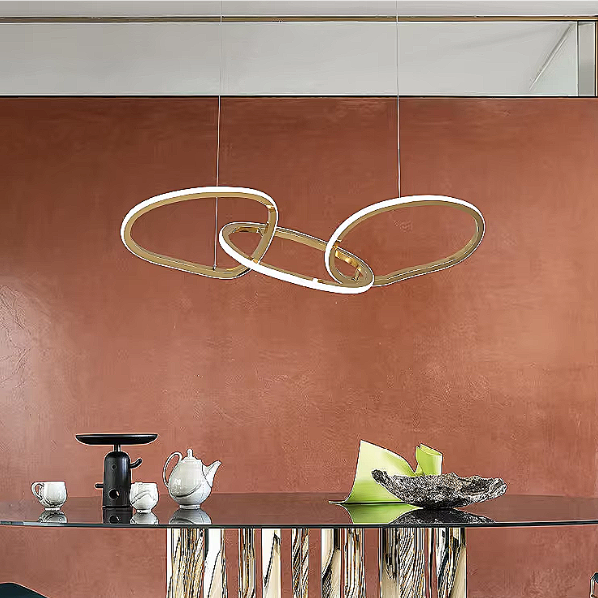Gold sculptural LED ring chandelier with 3 floating loops — modern statement pendant light for dining room, kitchen island, and luxury interiors | LINKORI JULIPPER S full view