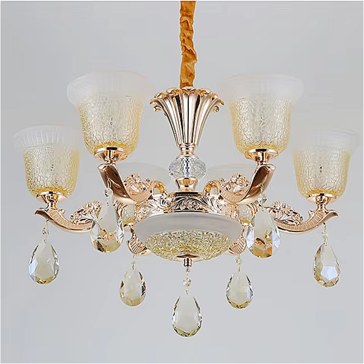 Luxury gold chandelier with teardrop crystals, warm 3500K glow, lounge setting — LINKORI TULLIPH