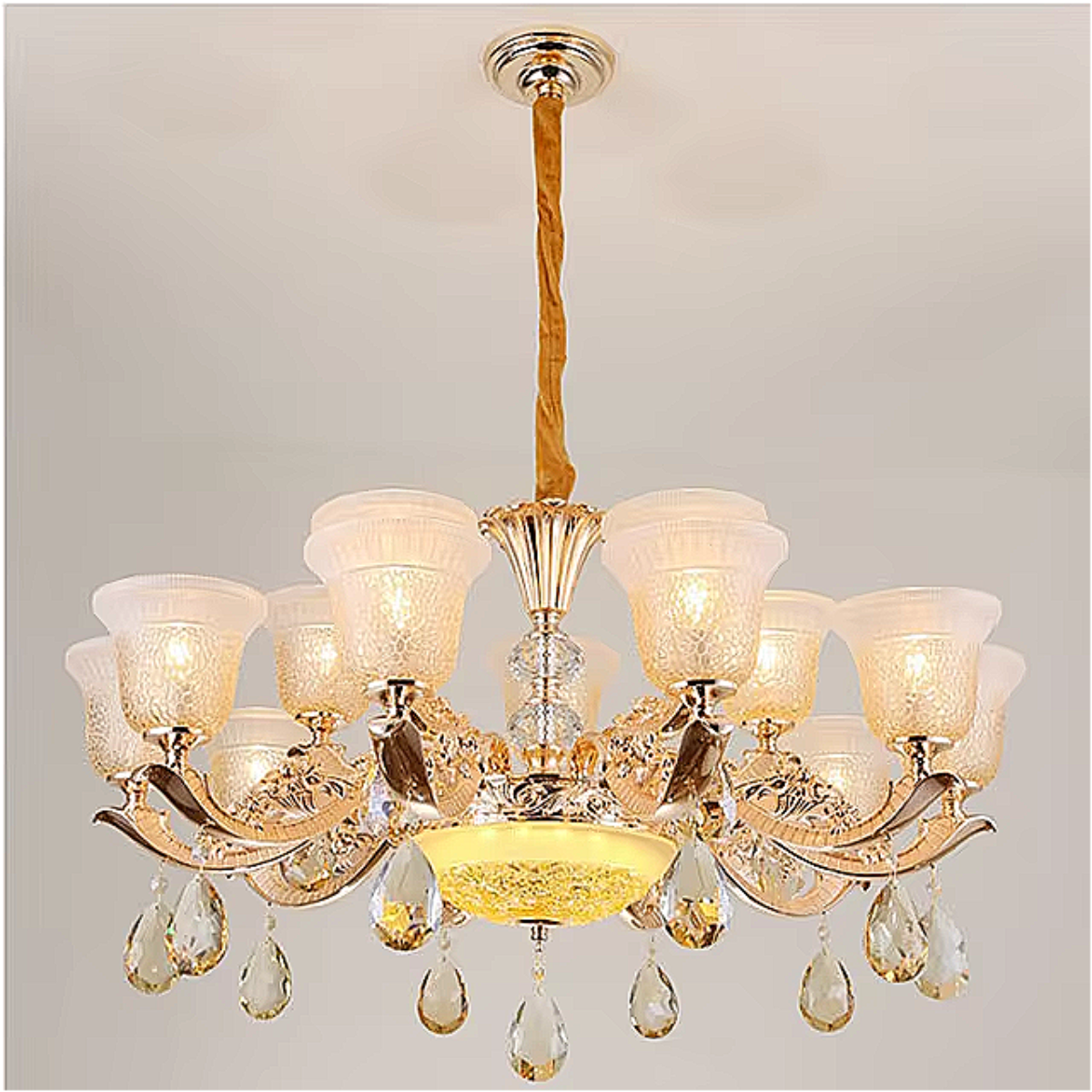 Luxury Vintage Crystal Chandelier – 15-Light Glass Pendant with Etched Shades for Dining Room & Lounge | LINKORI TULLIPH