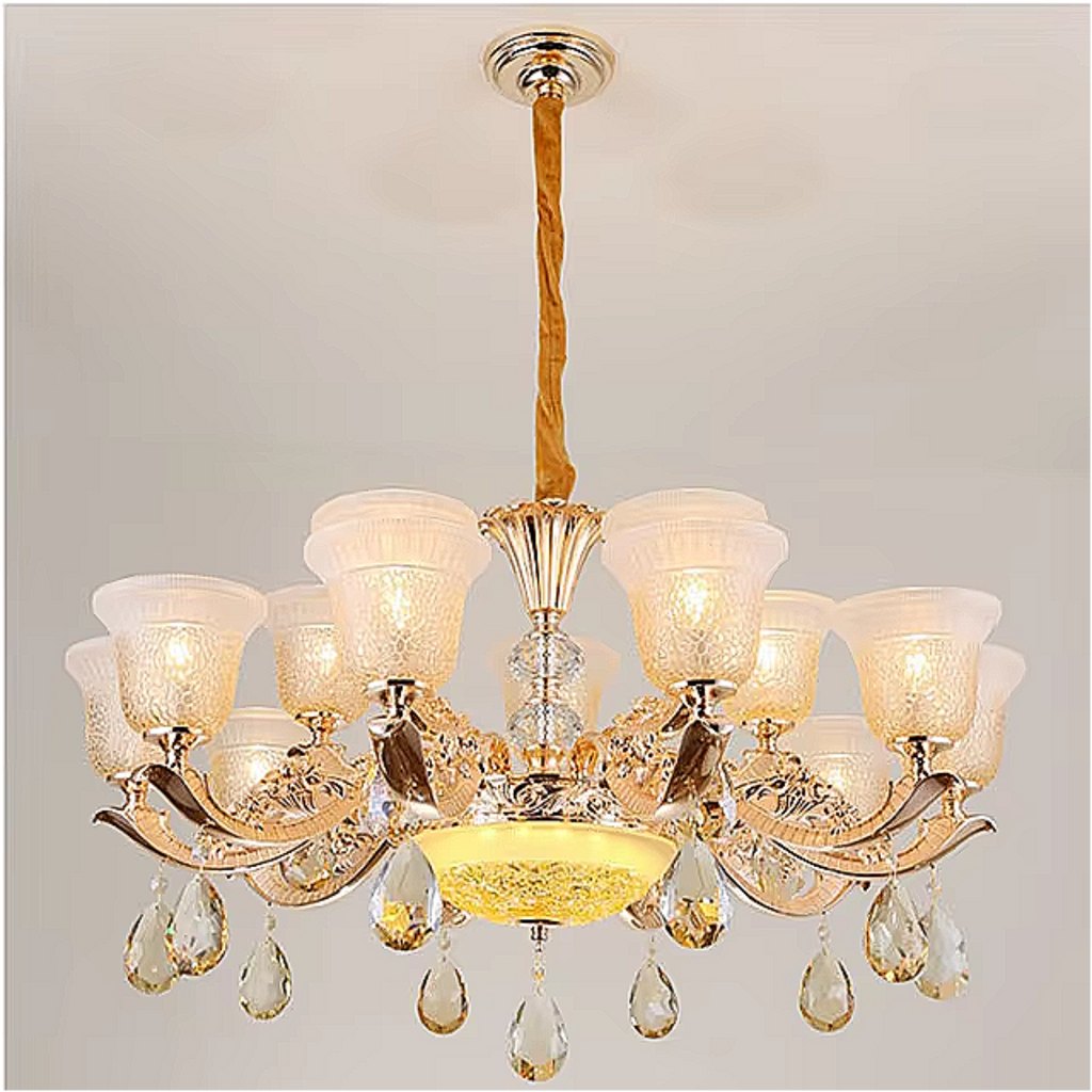 Luxury Vintage Crystal Chandelier – 15-Light Glass Pendant with Etched Shades for Dining Room & Lounge | LINKORI TULLIPH