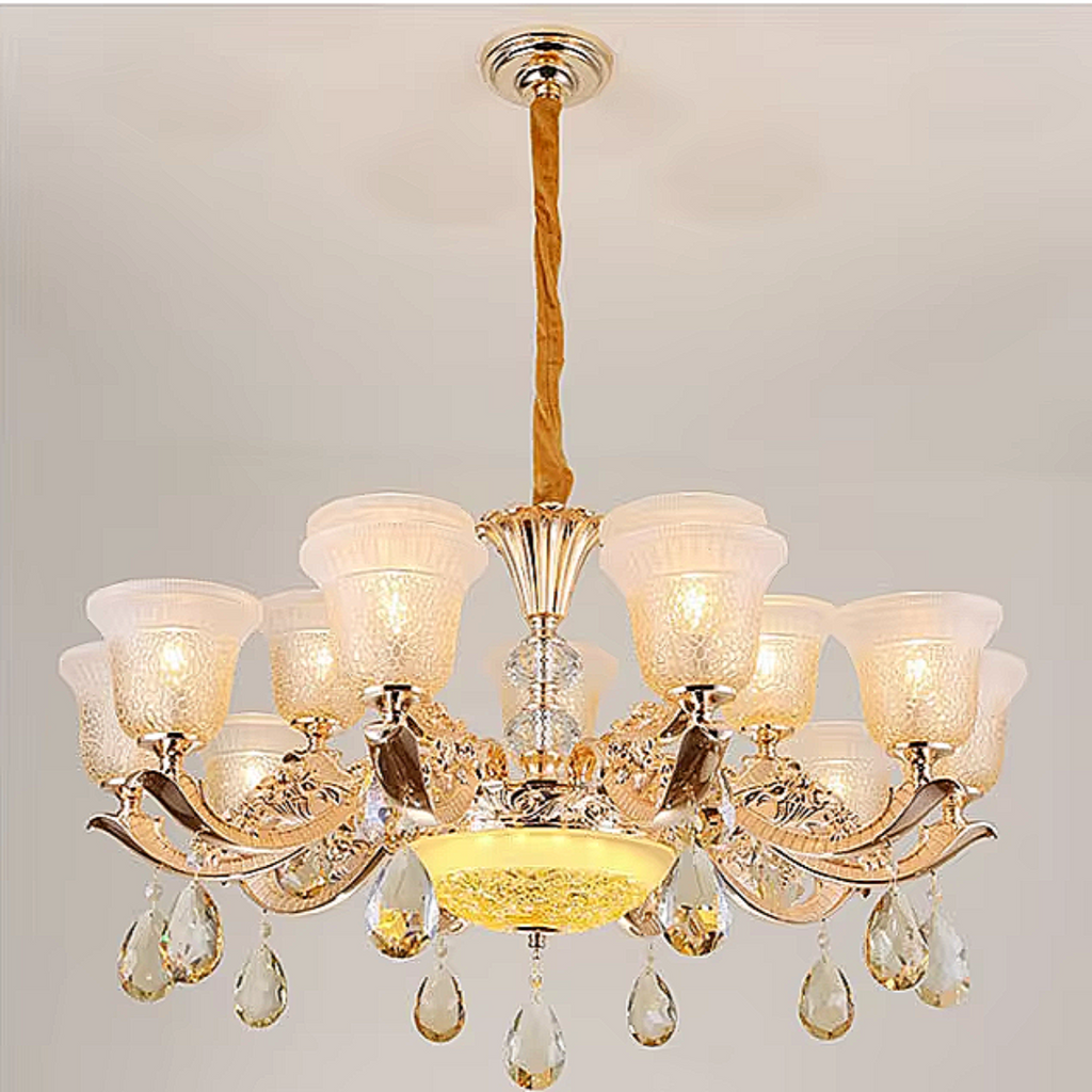 Luxury gold zinc alloy frame chandelier with teardrop crystals, warm 3500K glow, lounge setting — LINKORI TULLIPH