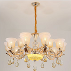 Luxury gold zinc alloy frame chandelier with teardrop crystals, warm 3500K glow, lounge setting — LINKORI TULLIPH