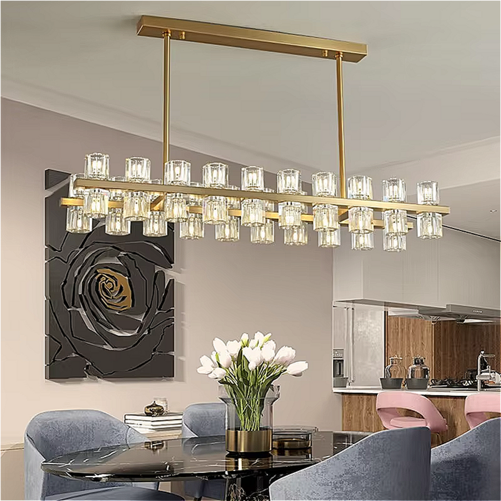 Sculptural gold crystal chandelier above marble dining table and velvet chairs in contemporary dining space, perfect for kitchen islands and open-plan interiors – LINKORI HEXANDLE