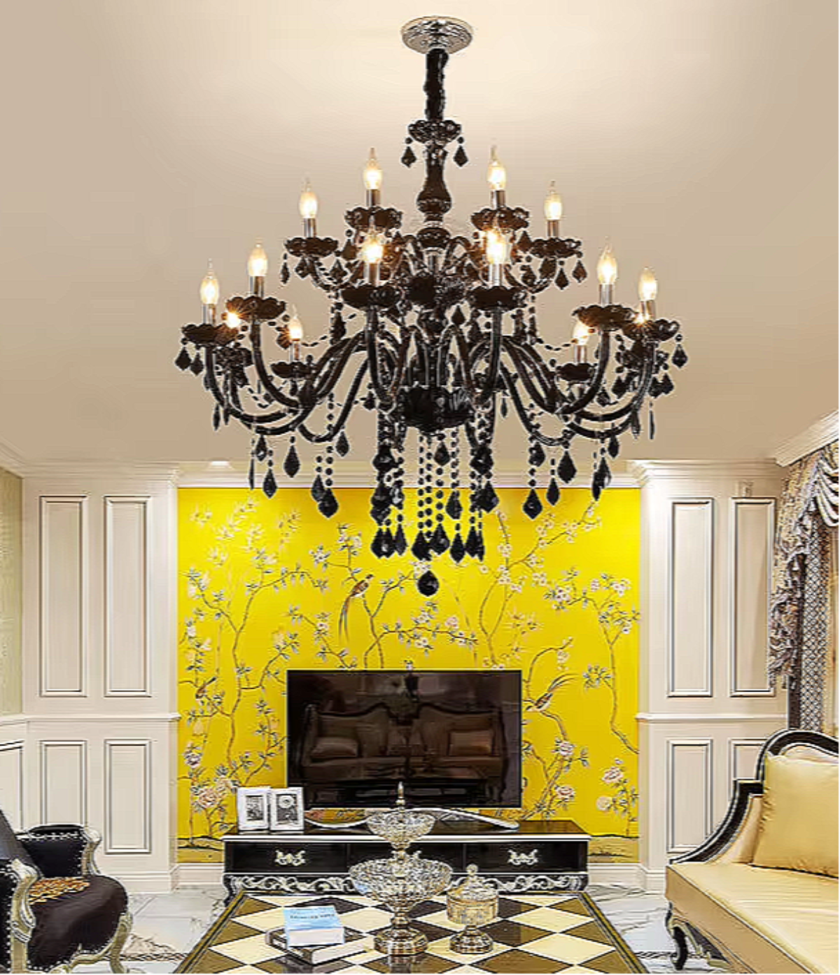 18-light black crystal chandelier as a dramatic centerpiece in a sophisticated luxury living room interior – LINKORI JANJULIQ.