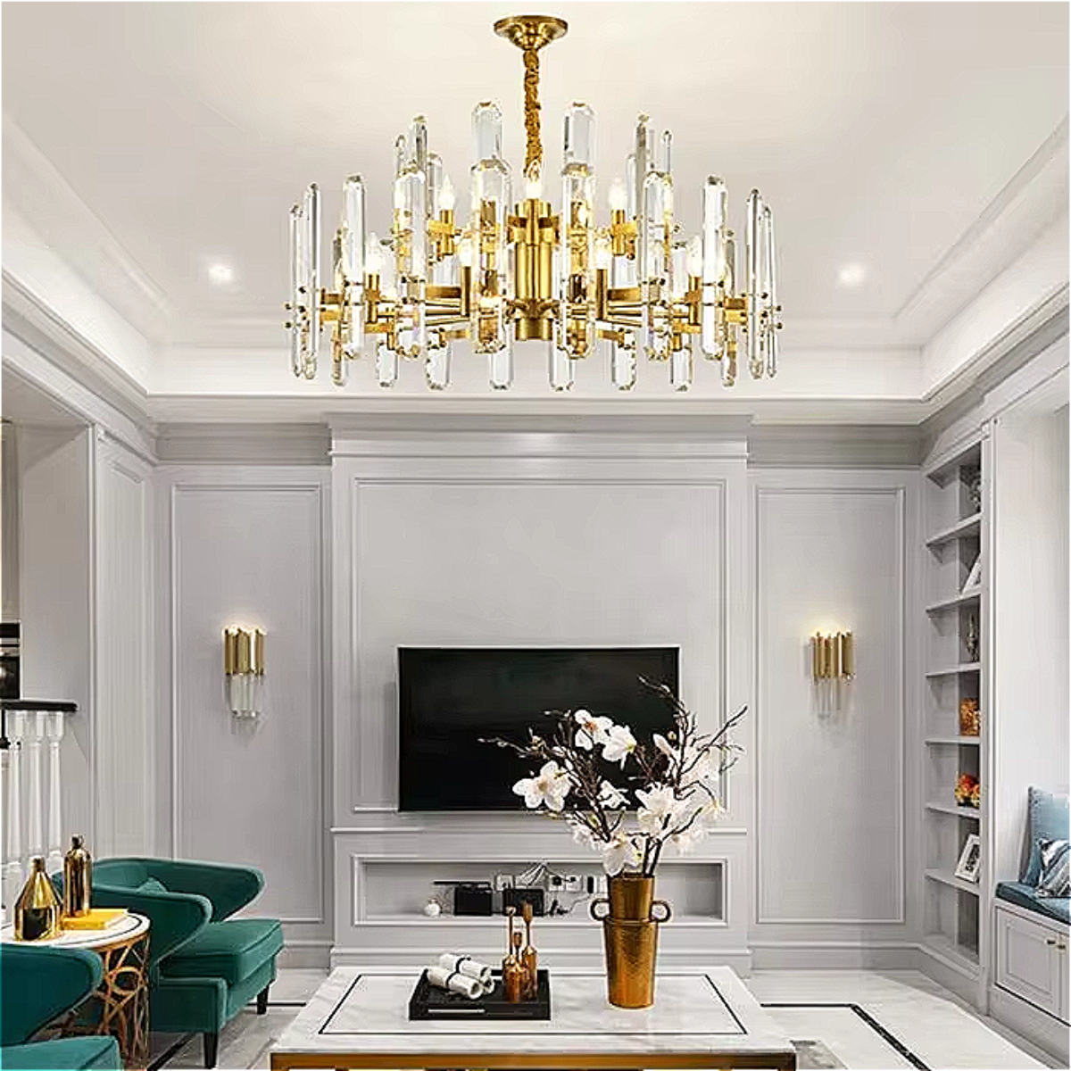 2-tier bronze chandelier with clear crystals perfect for foyer and grand interiors