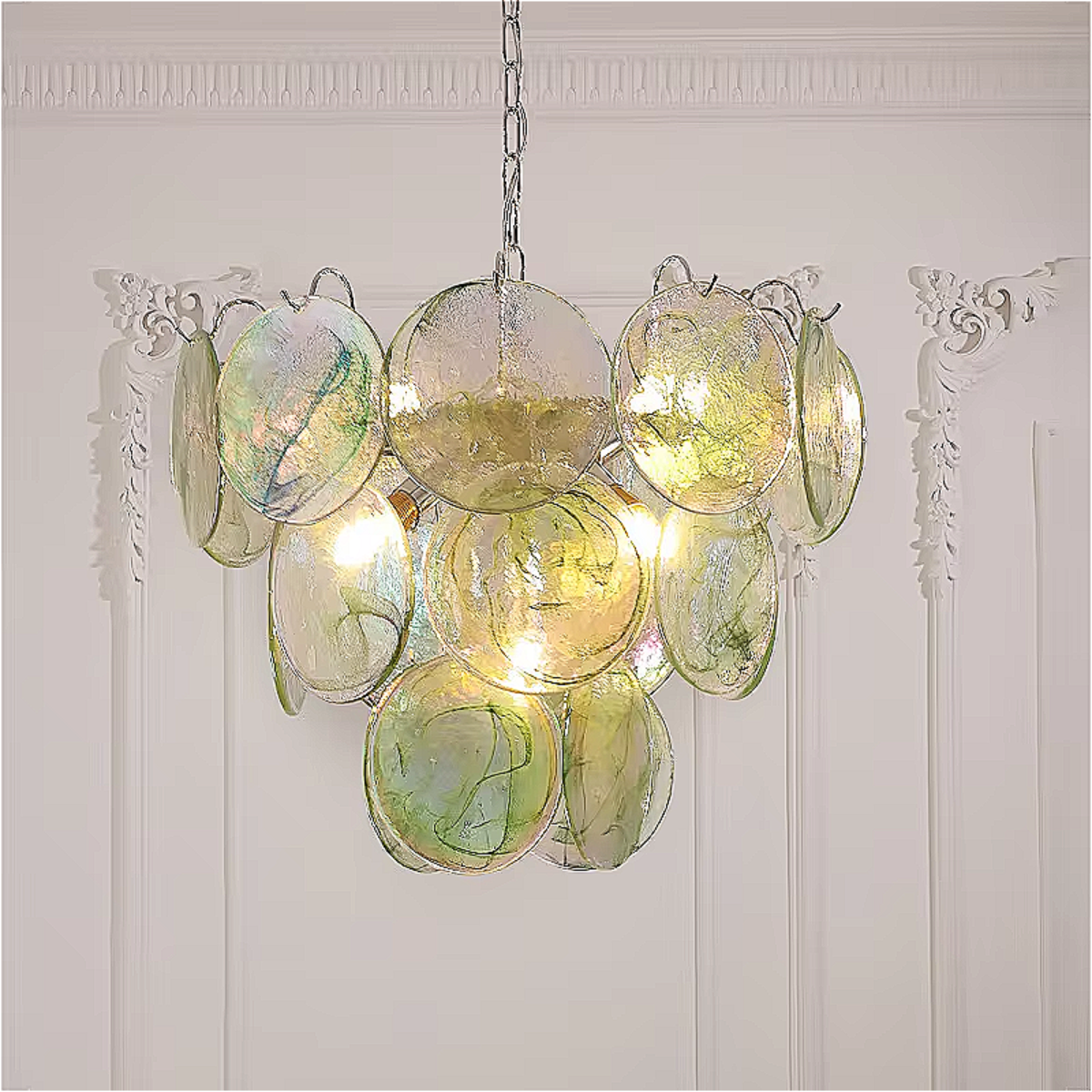 Seafoam Green Murano Glass Chandelier with Iridescent Finish in Layered Disc Design | LINKORI REODIOL Pendant Light