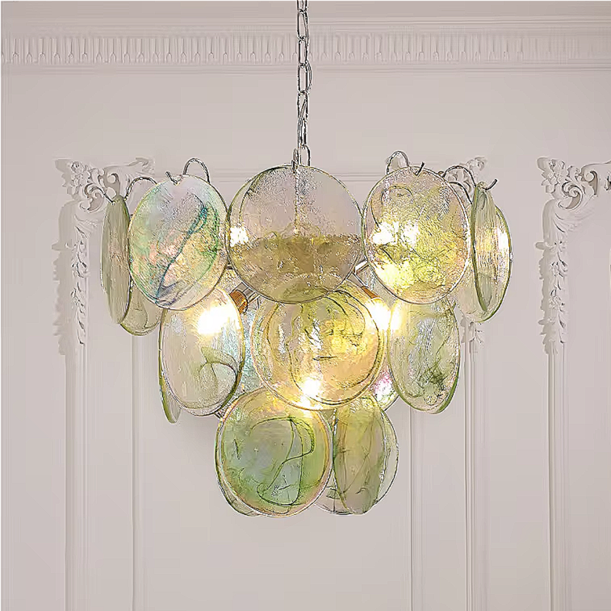 Seafoam Green Murano Glass Chandelier with Iridescent Finish in Layered Disc Design | LINKORI REODIOL Pendant Light