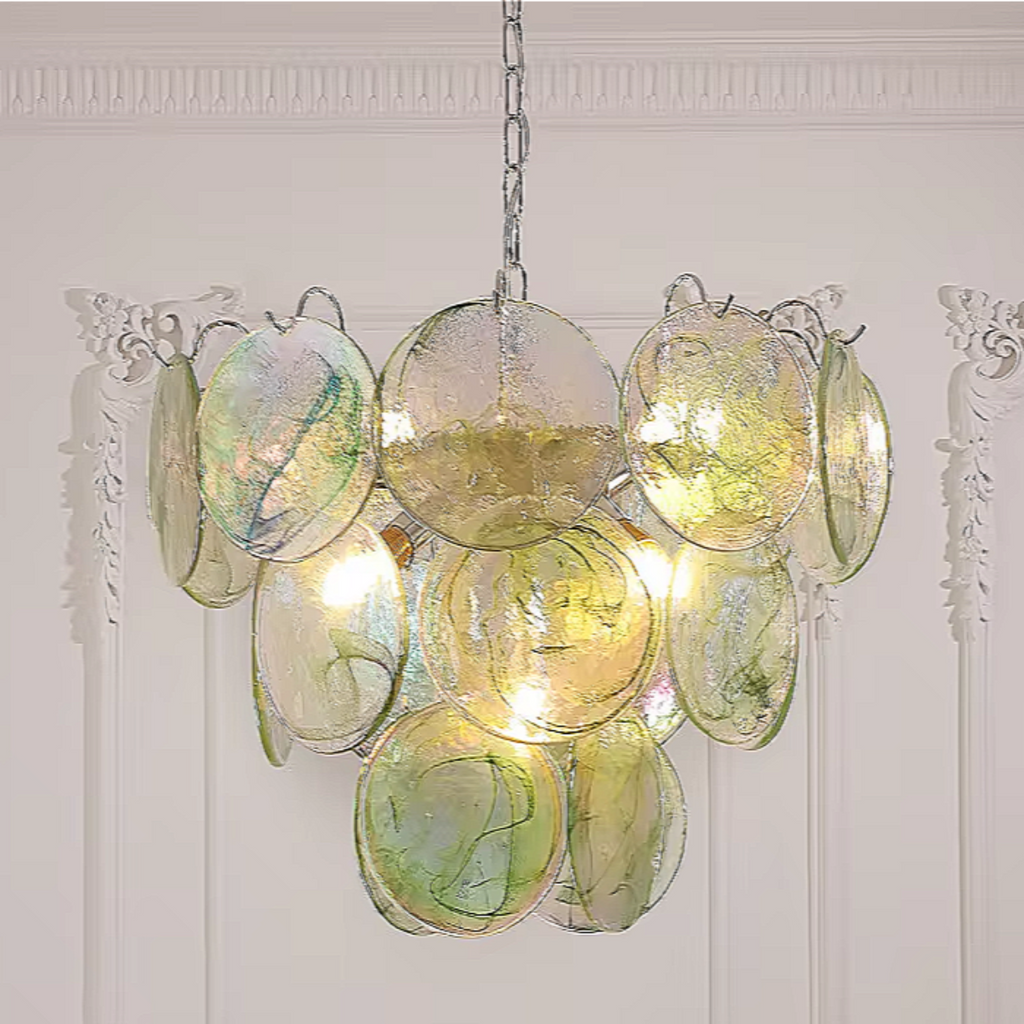 Seafoam Green Murano Glass Chandelier with Iridescent Finish in Layered Disc Design | LINKORI REODIOL Pendant Light