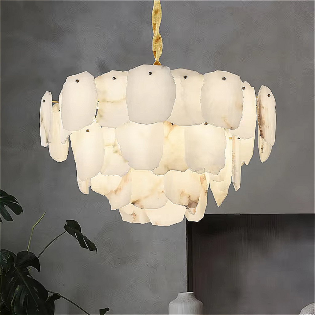 alabaster flower-shade chandelier with gold crown sculptural pendant — for foyer entryway | LINKORI SHARONIQ
