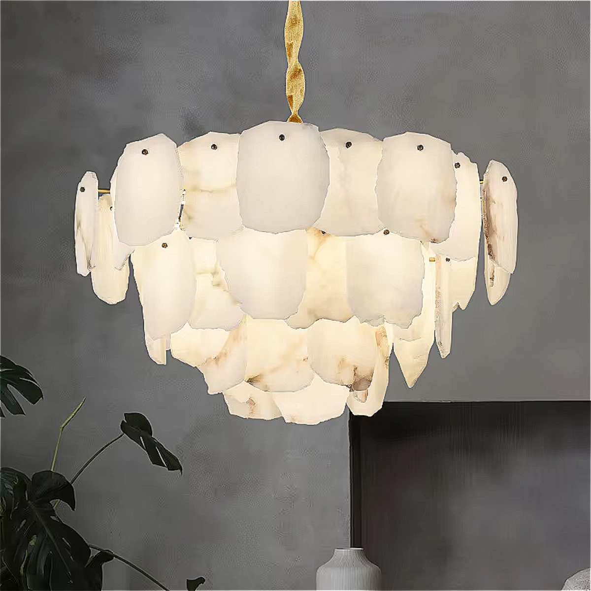 alabaster flower-shade chandelier with gold crown sculptural pendant — for foyer entryway | LINKORI SHARONIQ