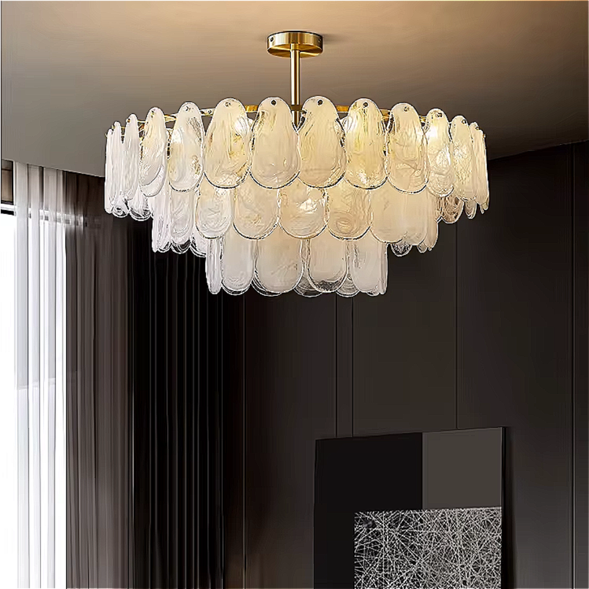 Close-up of artisanal hand-blown glass petals on luxury chandelier showing contemporary geometric design and premium gold iron craftsmanship