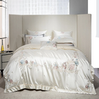 Luxury floral embroidered duvet cover set with blush pink and blue roses on ivory satin Egyptian cotton bedding