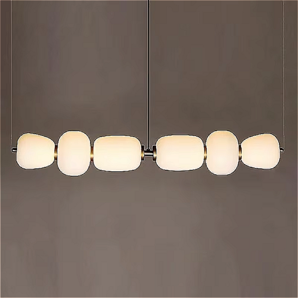 white opal glass linear chandelier, minimalist pendant lighting for dining room table, contemporary interior design