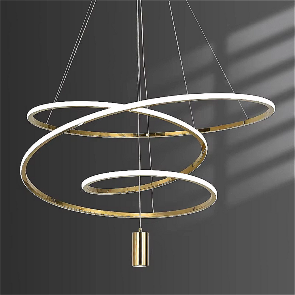 Contemporary interior featuring gold 3-ring LED ring chandelier — clean lines, minimalist design, triple ring pendant lighting for open-plan spaces | LINKORI BLANGCHI
