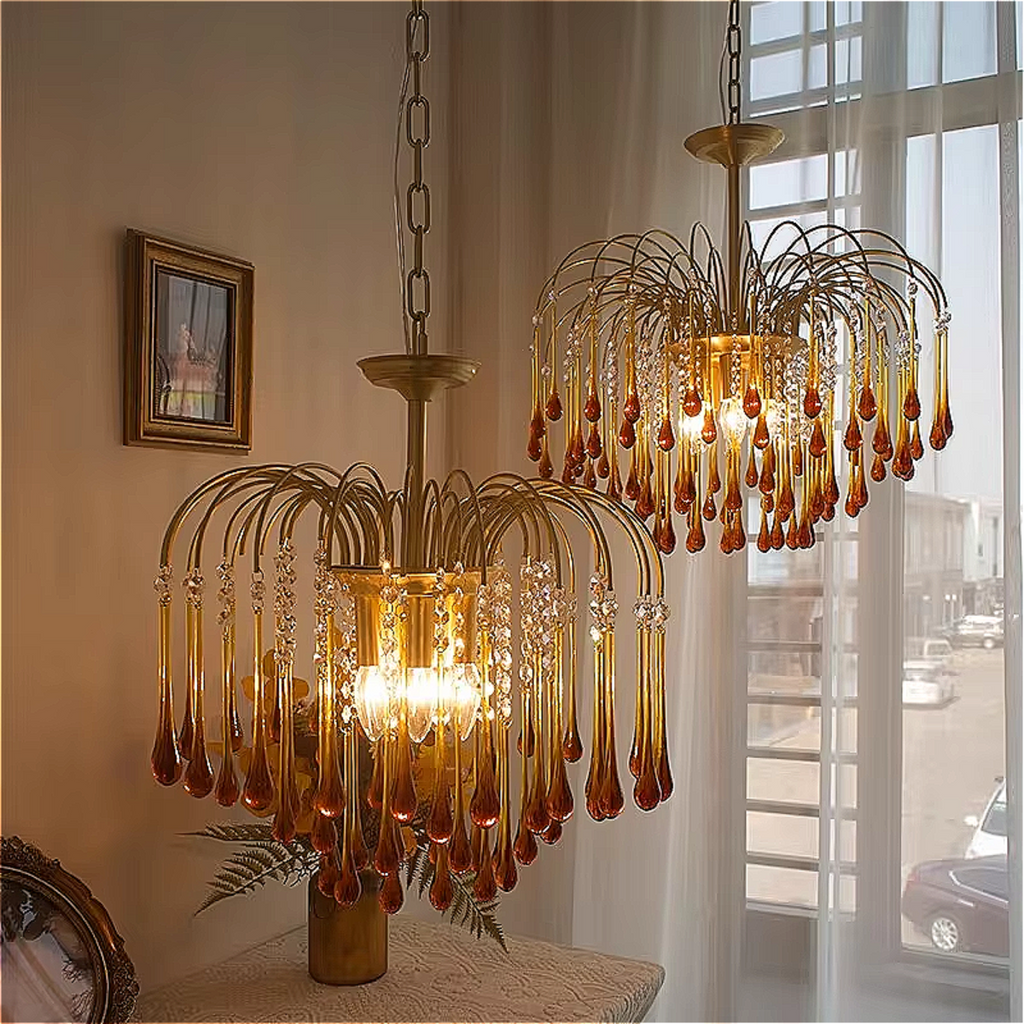 vintage chandelier with amber glass drops, luxury waterfall lighting for foyers and classic interiors