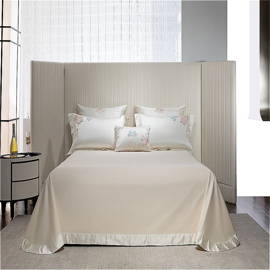 Premium quality floral embroidered comforter cover set in ivory with pink and blue rose details