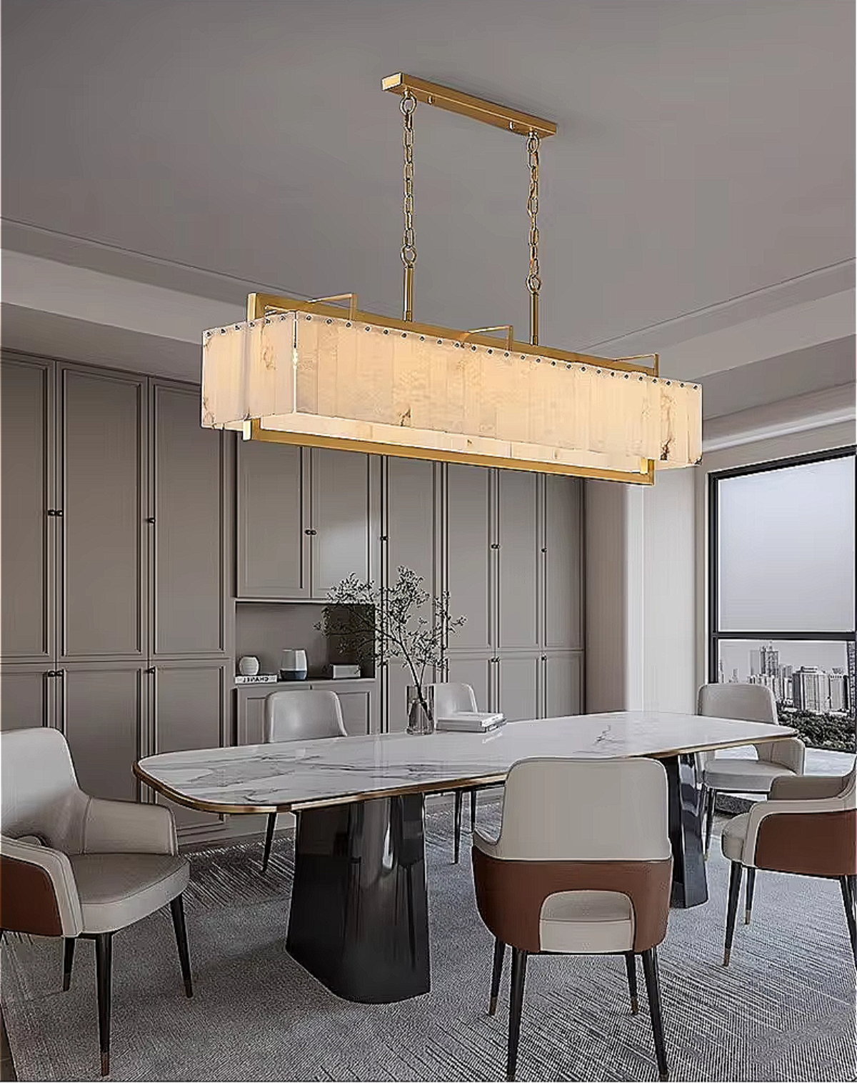 Contemporary gold linear chandelier with alabaster shade panels perfect for dining room and foyer pendant lighting