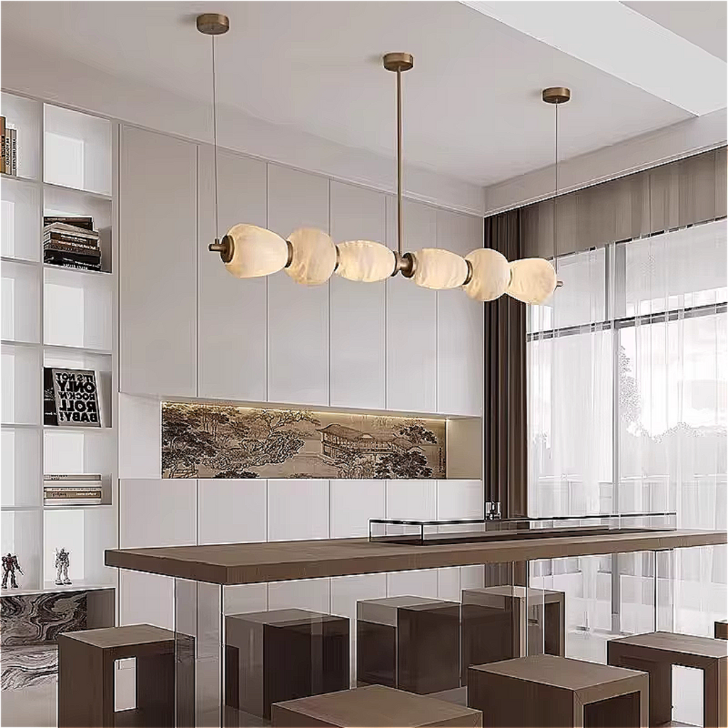 Modern art deco dining room with alabaster linear chandelier, sculptural Spanish alabaster lighting fixture with copper structure – LINKORI