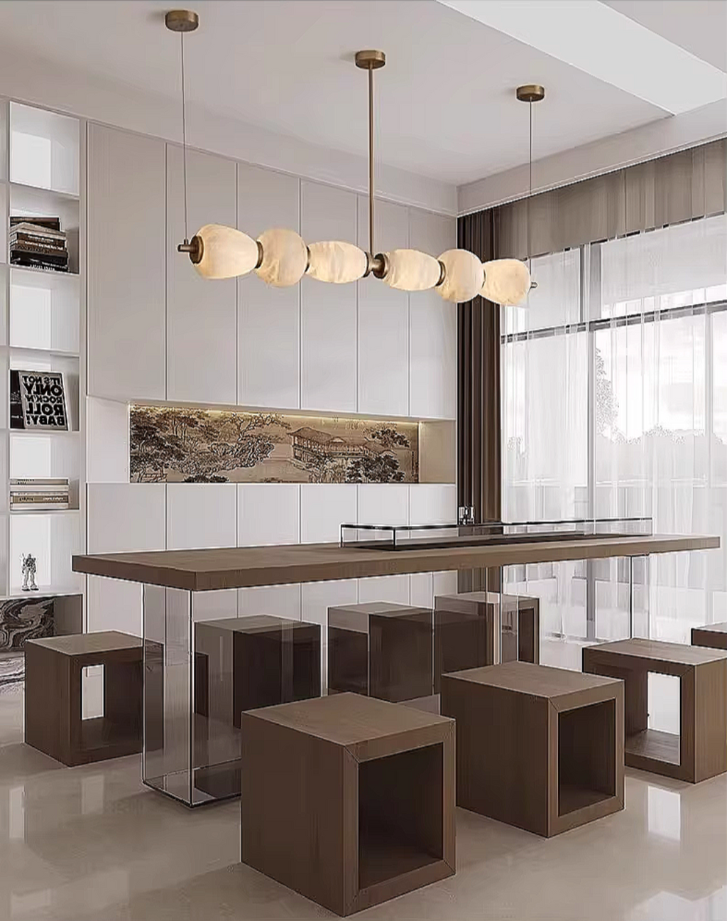 Quiet luxury dining room with alabaster chandelier, modern neutral interior featuring Spanish alabaster and copper ceiling light – LINKORI