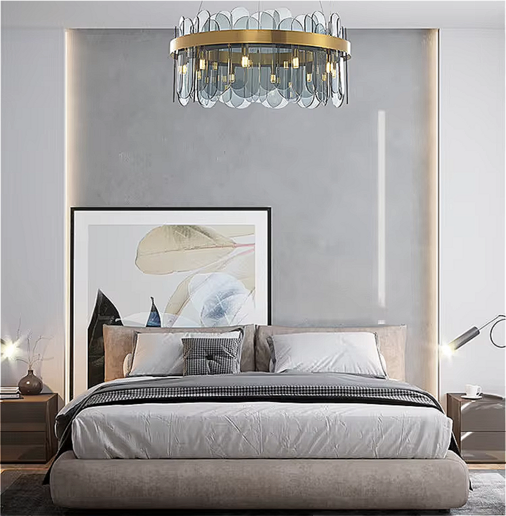 Statement chandelier from LINKORI installed in a contemporary bedroom, showcasing soft glow and refined modern styling.