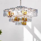 Sculptural amber & clear glass cube chandelier — geometric statement pendant with layered square tiers, vintage-inspired modern lighting, dimmable warm 3500K | LINKORI CUBLIQUE full view