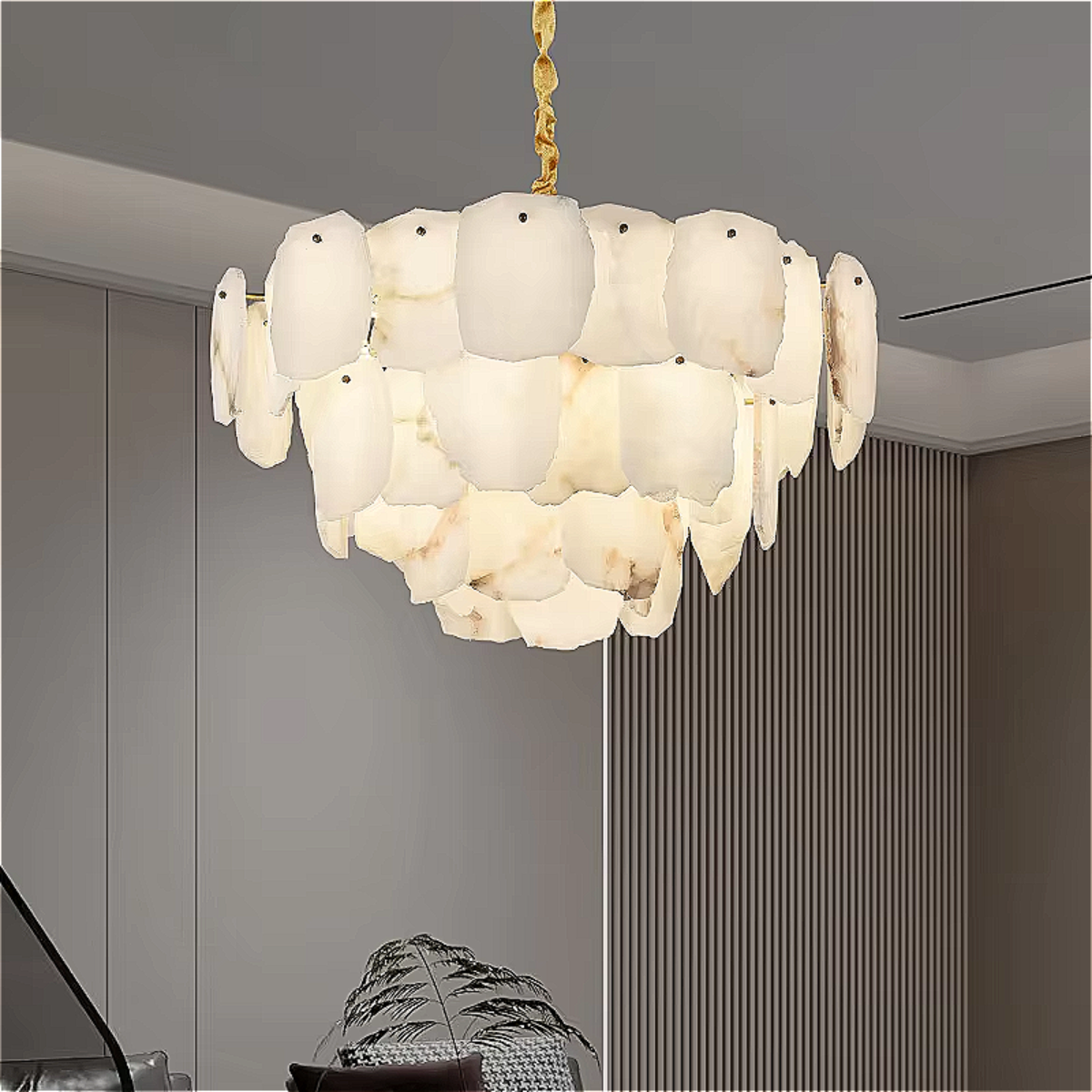organic modern alabaster petal drum chandelier adjustable chain gold pendant — for entryway | LINKORI SHARONIQ