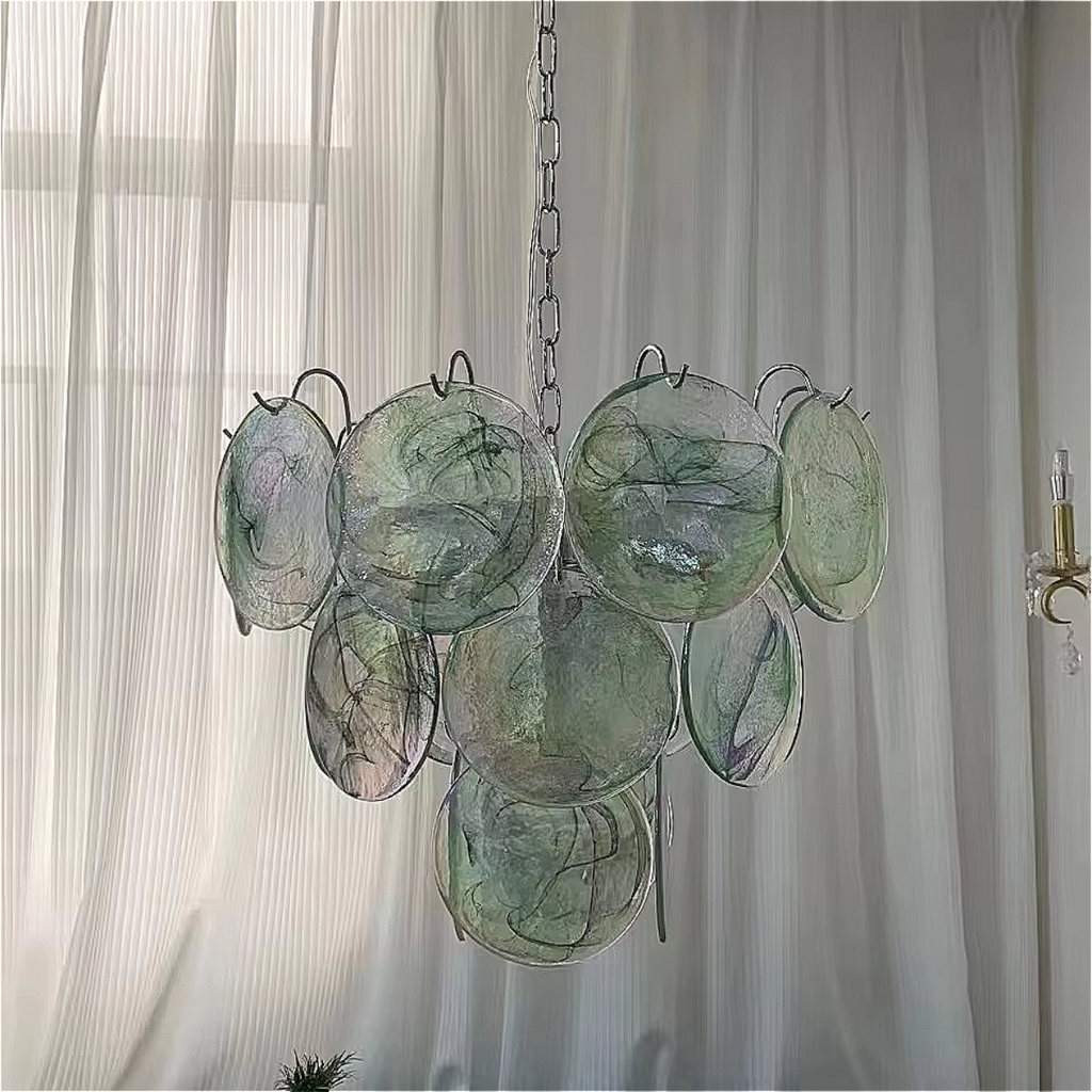 Sky Blue Glass Murano Chandelier Illuminating a White-Curtained Room – Soft Modern Pendant Lighting | LINKORI REODIOL