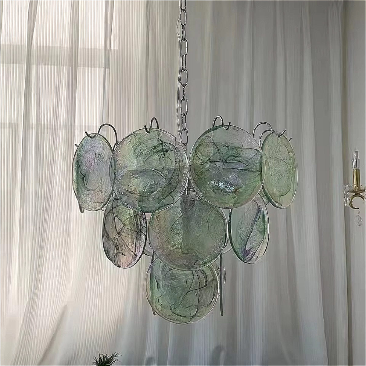 Sky Blue Glass Murano Chandelier Illuminating a White-Curtained Room – Soft Modern Pendant Lighting | LINKORI REODIOL