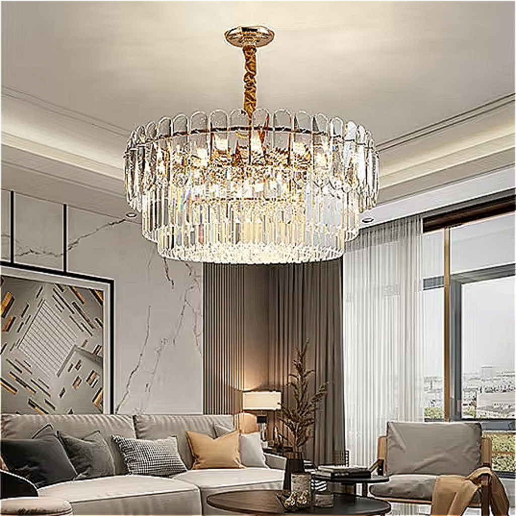 Gold crystal tiered chandelier hanging in elegant living room — statement pendant light for luxury home décor, designer foyers, and upscale interiors | LINKORI WAPOLO installed view